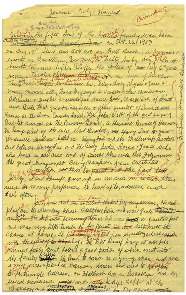 Moe Howard's Handwritten Manuscript Page When Writing His Autobiography -- Entitled ''Jerome (Curly) Howard'', Moe Writes ''He had beautiful brown wavy hair'' -- Two Pages on One 8'' x 12.5'' Sheet